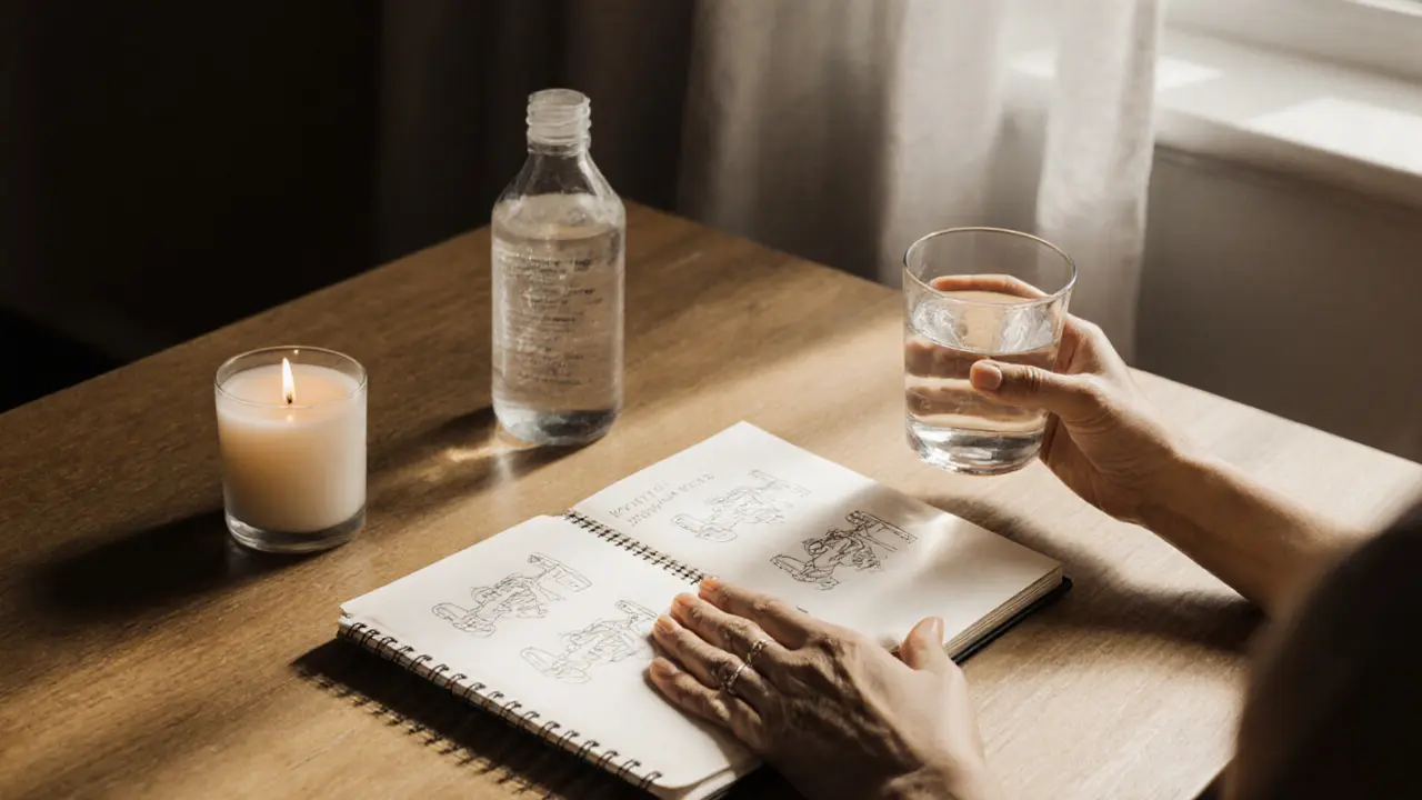 Hands holding water, journal, and lubricant on wooden table, representing self-exploration and wellness.