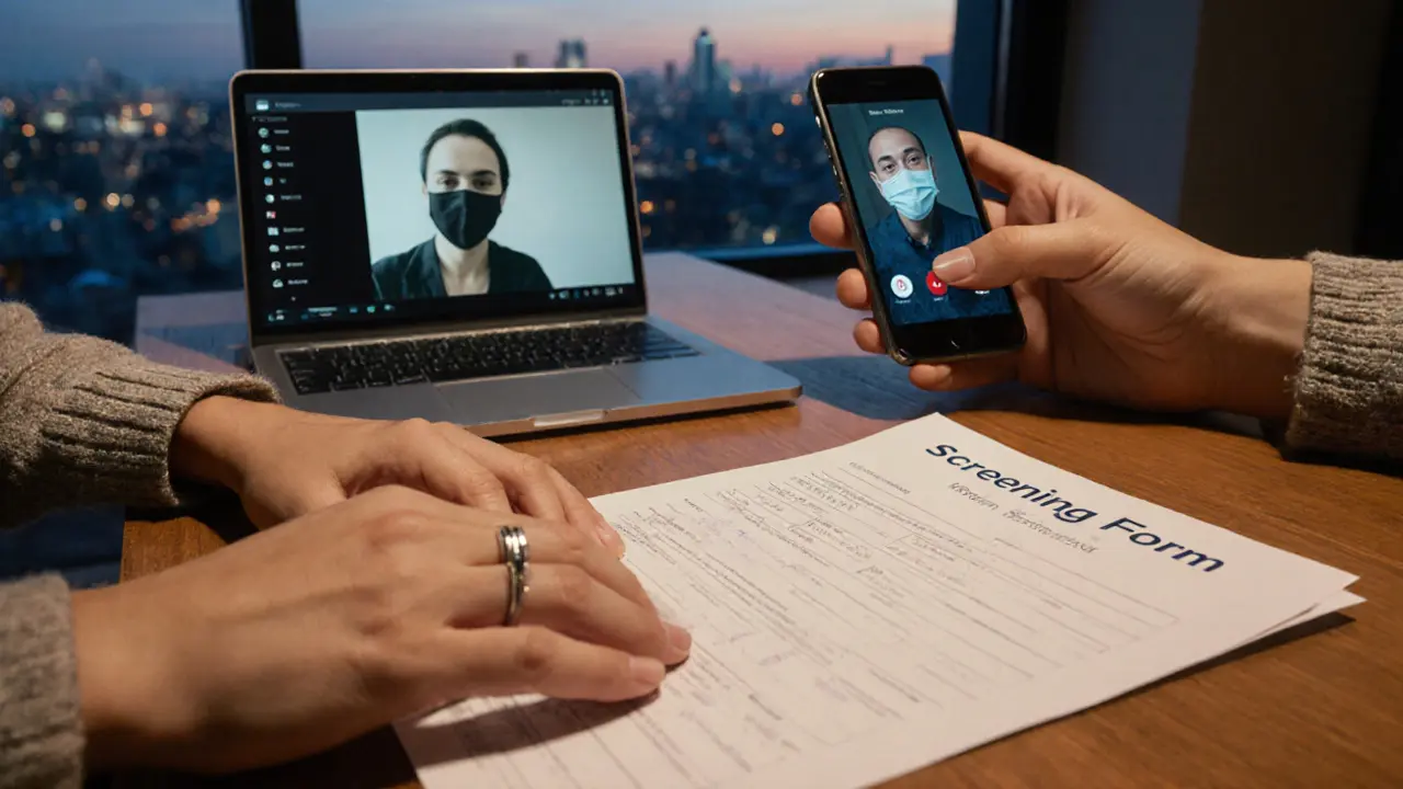 Hands placing a screening form beside a laptop showing a secure video call interface.