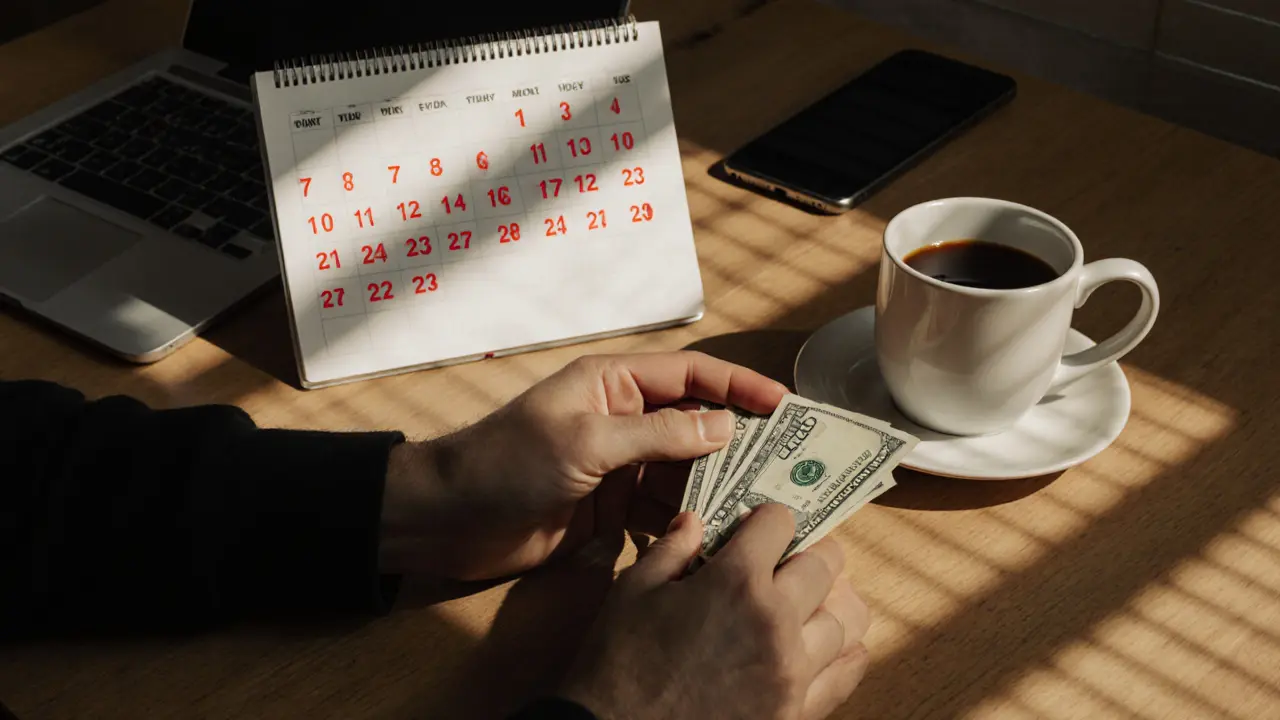 Hands placing cash on a table next to a calendar with 17 marked dates.
