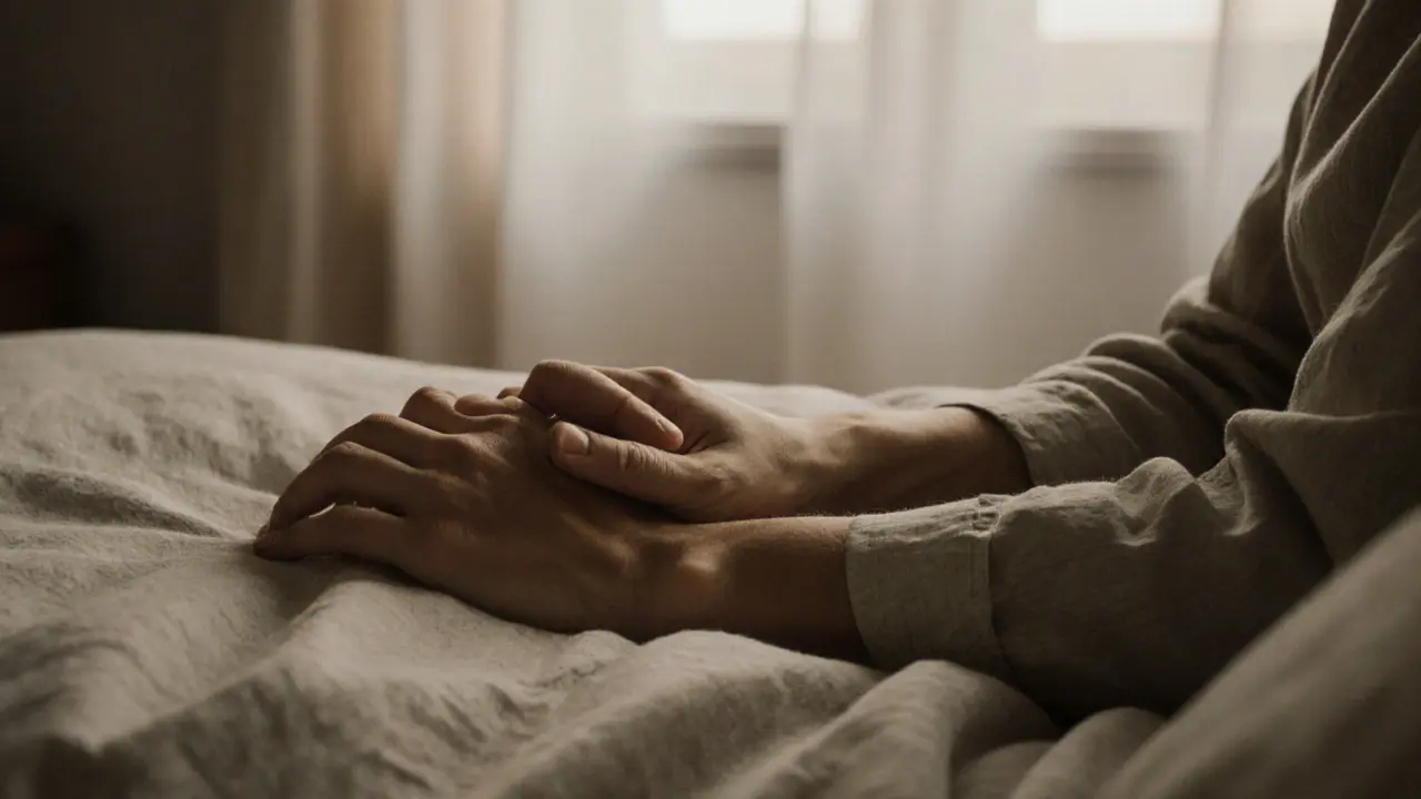 Interlaced hands resting gently on a lap, soft light filtering through curtains, no faces visible.