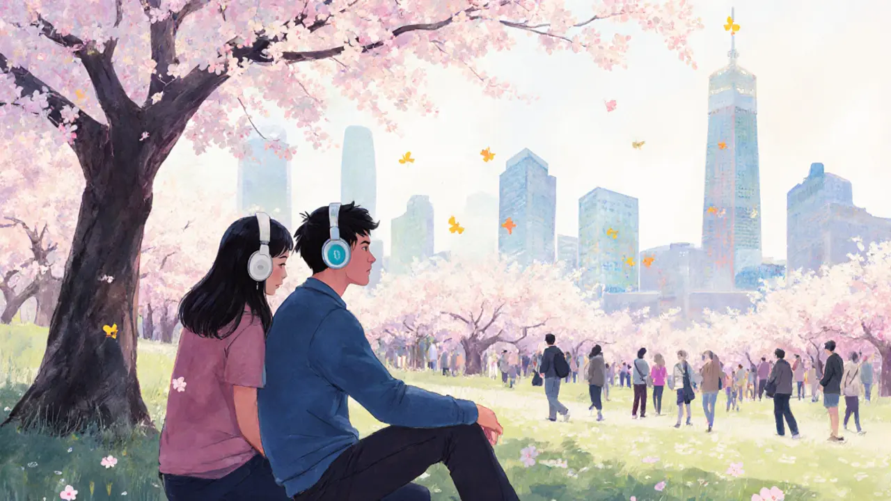 Man with autism and his escort enjoying a peaceful moment in a Tokyo park with cherry blossoms.