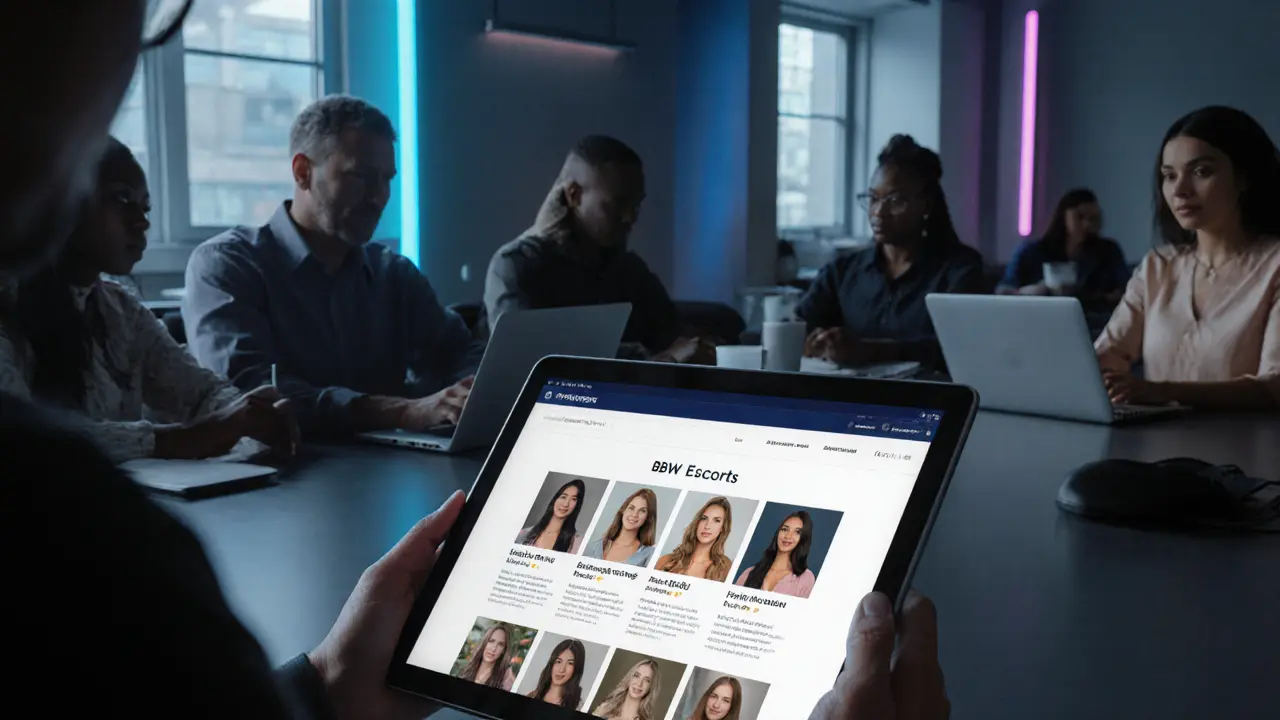 People browse verified BBW escort profiles on laptops in a calm co-working space.