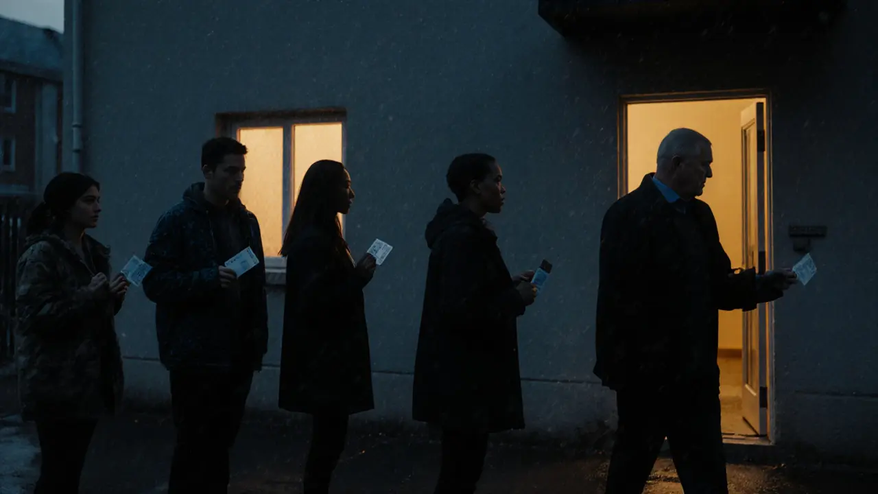 People entering a modest building at night, each seeking private therapeutic touch after long, stressful days.