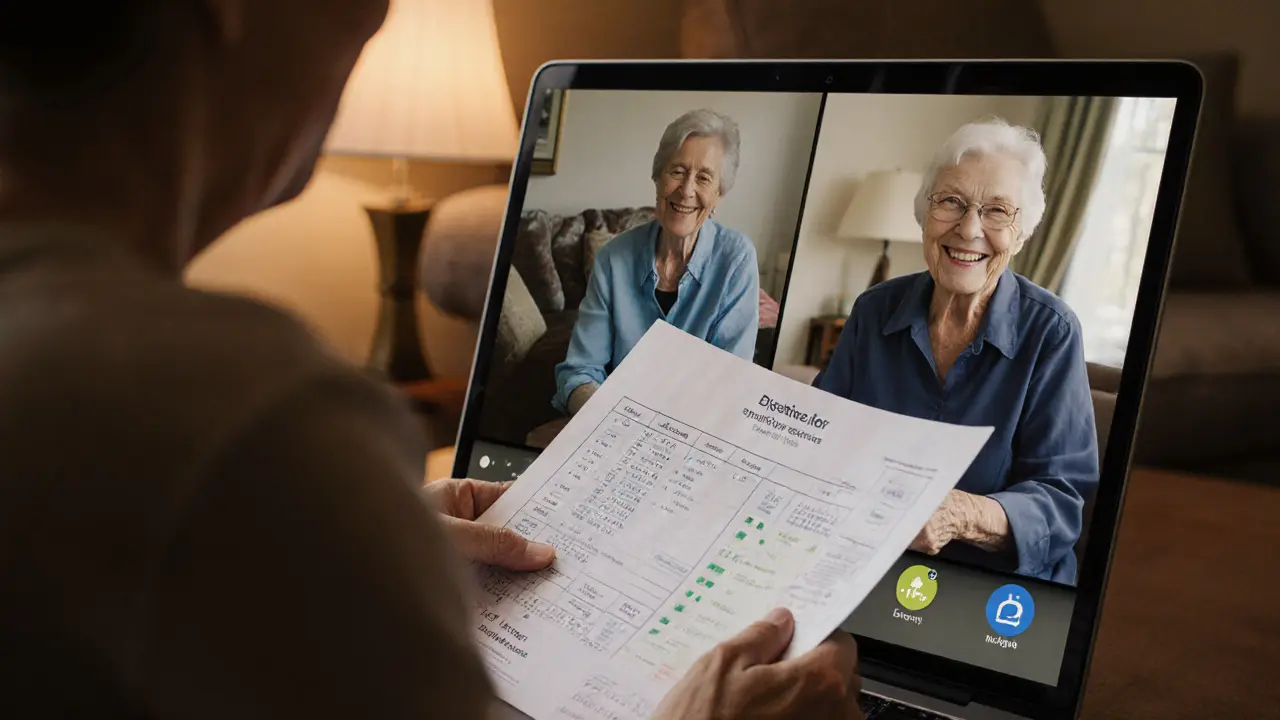 Senior and travel companion having a video call while reviewing a travel itinerary together.