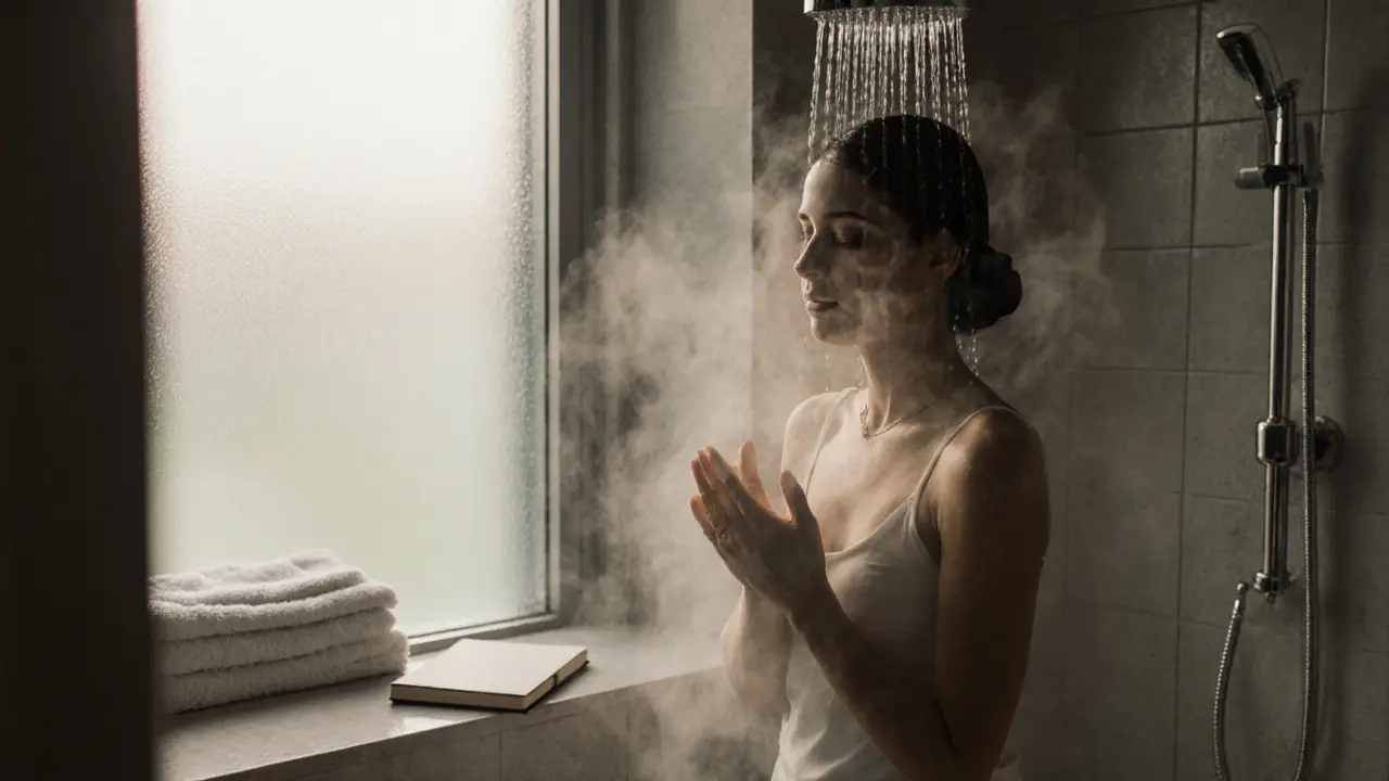 Someone showering after a session, steam rising, quiet moment of self-care.