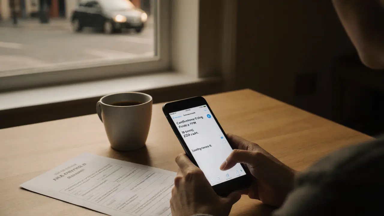 Someone typing a confirmation message on a phone at a tidy kitchen table.