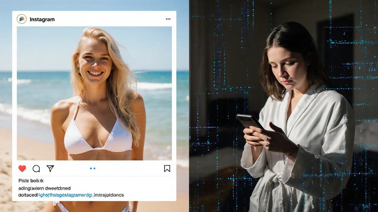 Split-screen image: a filtered Instagram blonde influencer on one side, the same woman looking exhausted on the other.