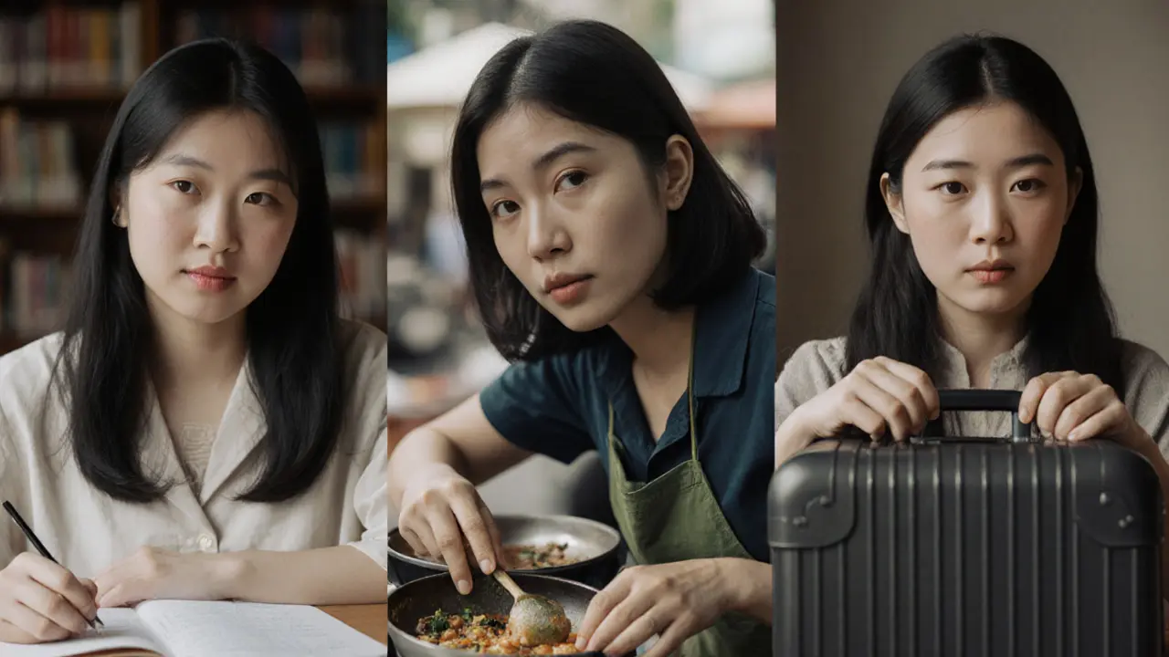 Three Asian women in daily life — studying, cooking, packing — each gazing confidently at the viewer.