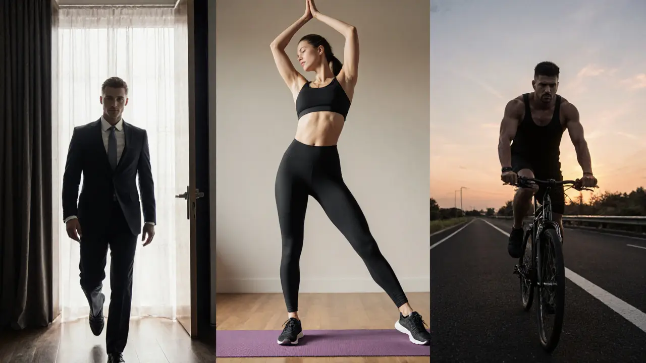 Three athletic escorts in different settings—boardroom, yoga studio, and bike path—all exuding calm confidence.