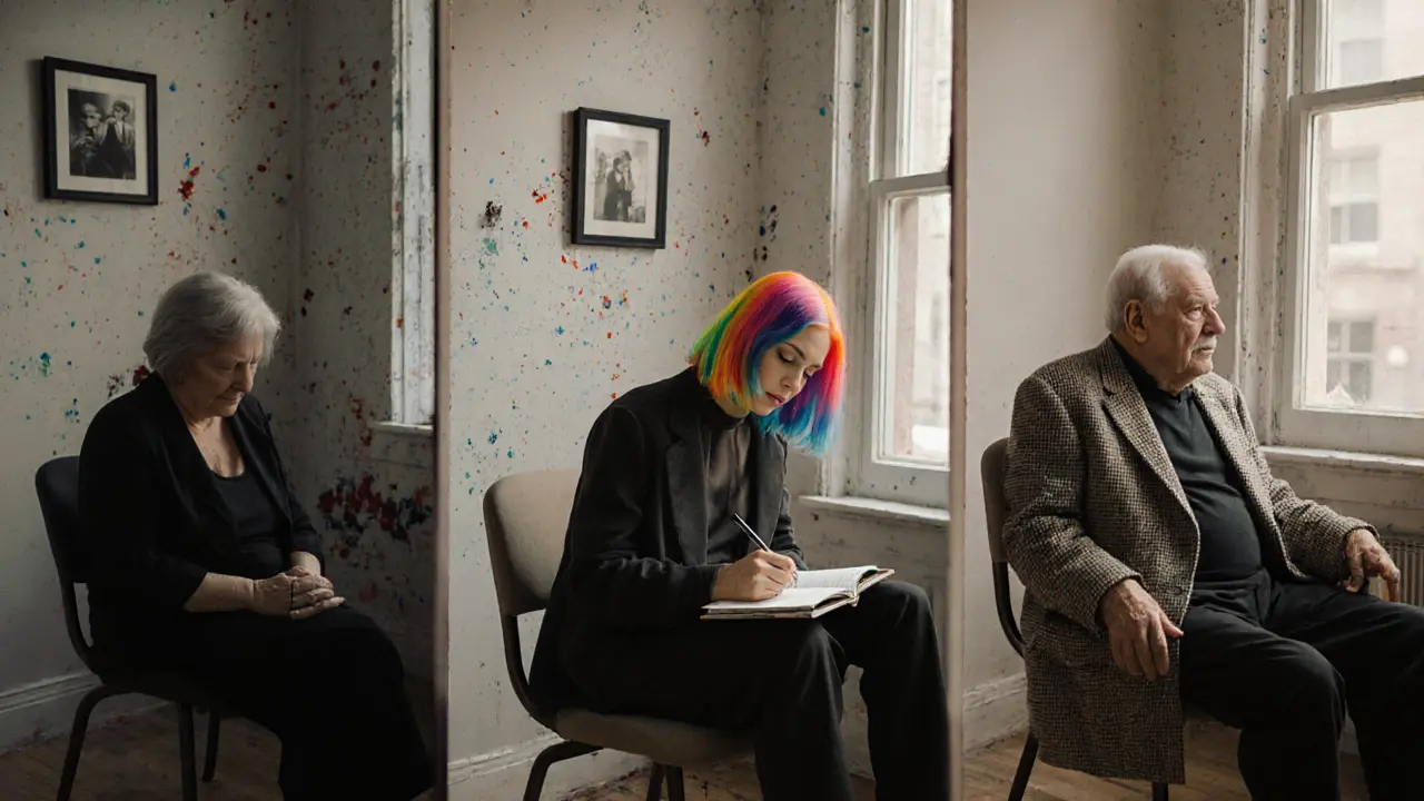 Three diverse individuals alone in calm rooms, each surrounded by subtle personal symbols of loss or identity.