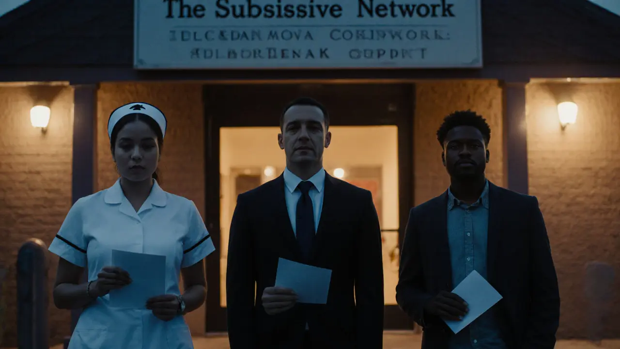 Three diverse individuals standing silently outside a community center at dusk, symbolizing quiet support and anonymity.