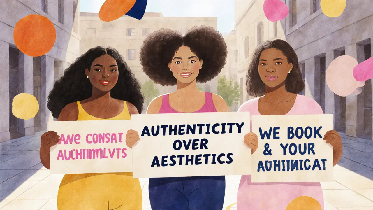 Three diverse women standing together in a sunlit courtyard, holding symbolic signs of empowerment.