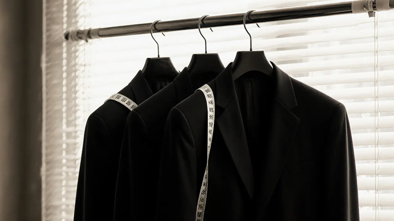 Three identical black blazers hanging side by side, showing careful rotation and maintenance for professional consistency.