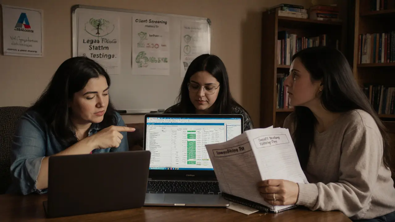 Three Latina women collaborating in a community space, reviewing financial and safety guides together.