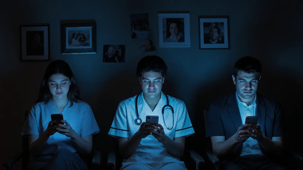 Three people alone at night, each smiling at a phone screen with a gentle message from their companion, lit by soft blue glow.