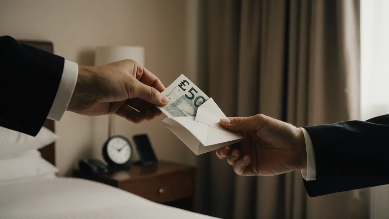 Two hands exchange an envelope with cash, background shows a clean hotel room and a clock near the hour mark.