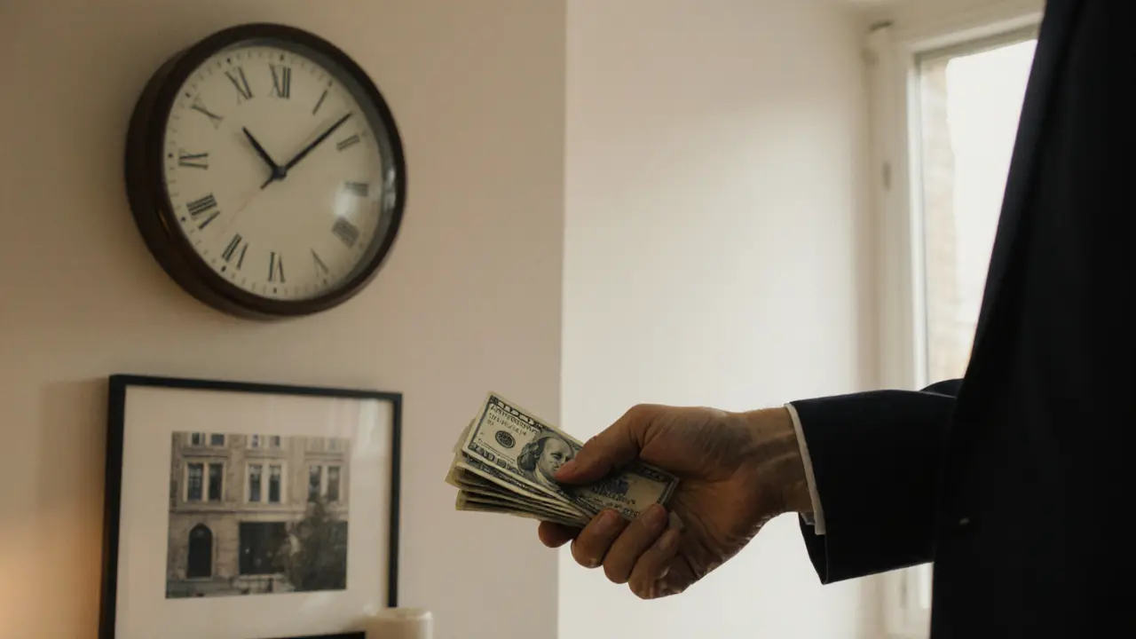 Two hands exchanging cash in a calm living room, clock showing time before appointment.