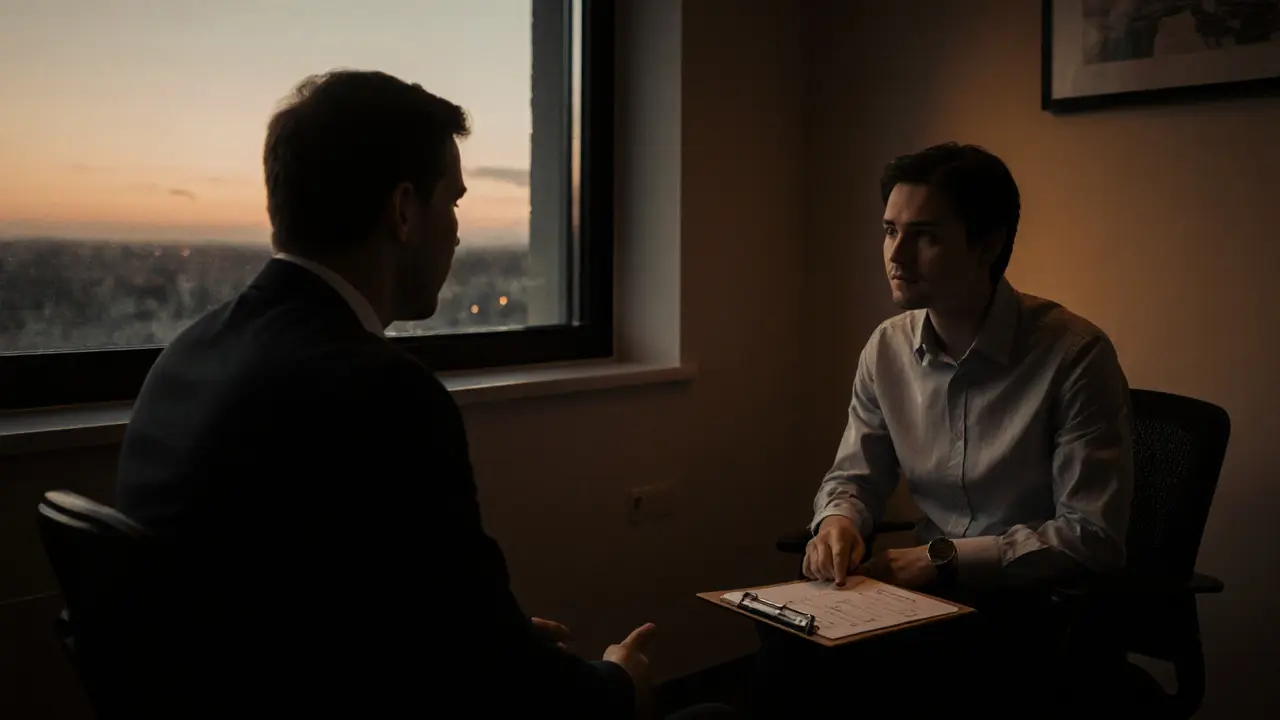 Two people discussing boundaries in a quiet room, no physical contact.