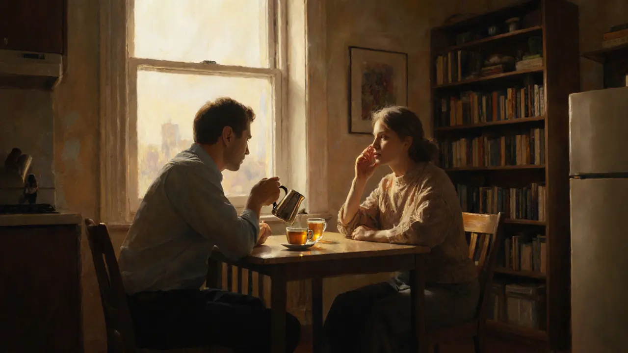 Two people sharing tea in a warm kitchen, engaged in quiet conversation, no physical contact, intimate and respectful mood.