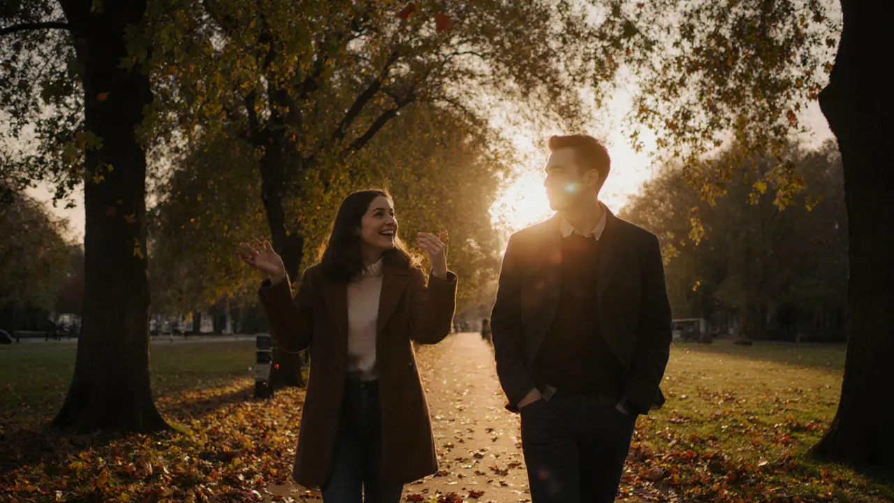 Two people walking peacefully in a park at sunset, autumn leaves falling around them.