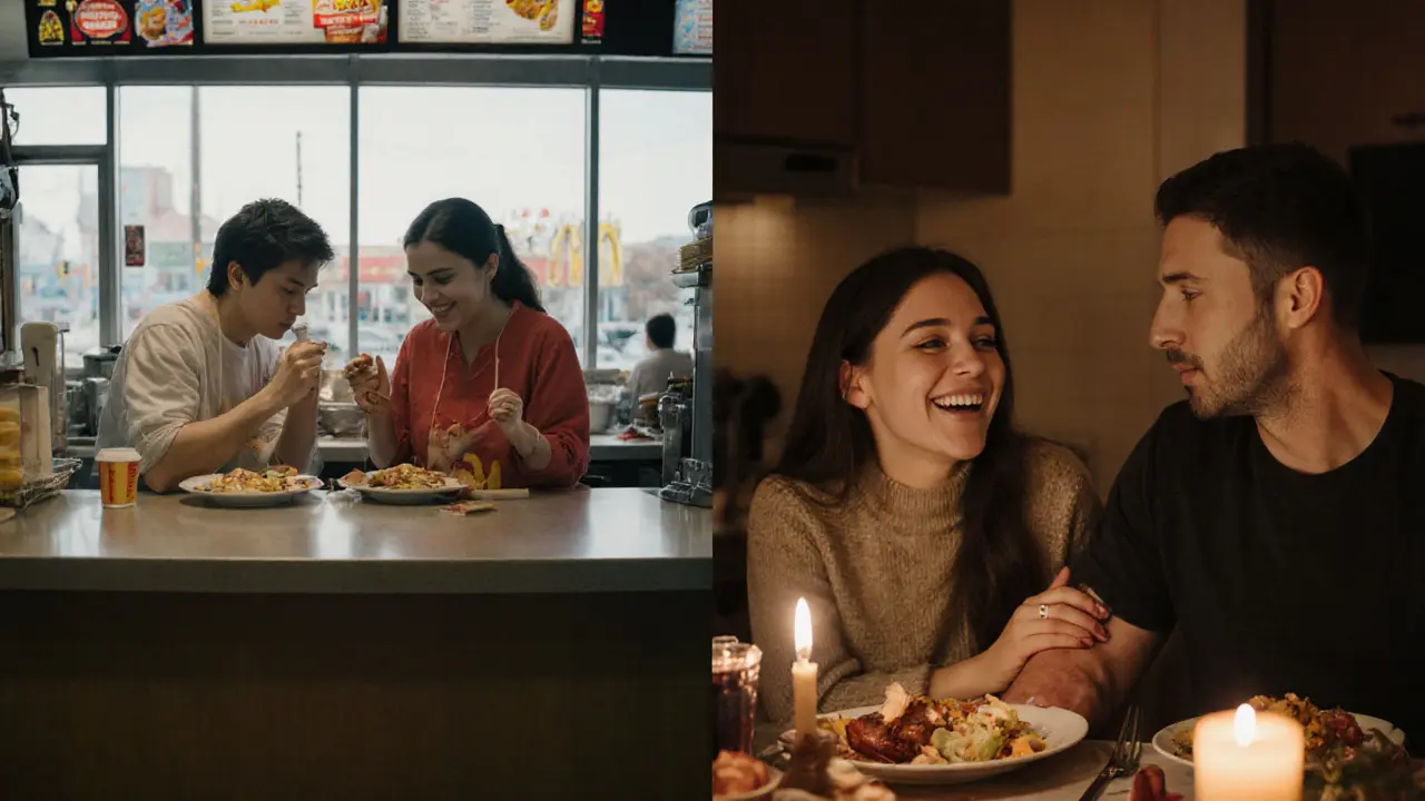 Two scenes side by side: one sterile and disconnected, the other warm and intimate, showing the difference between transactional and meaningful companionship.