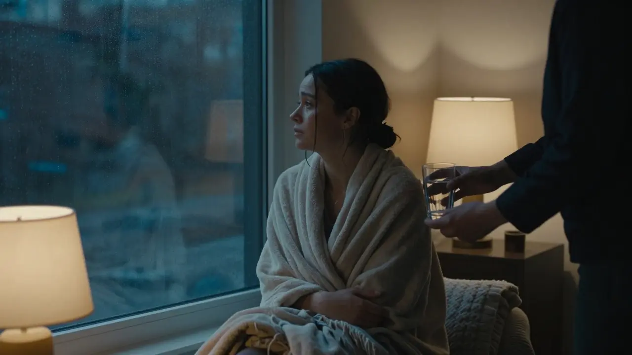 A client wrapped in a robe, quietly emotional after a session, with water and a blanket nearby.