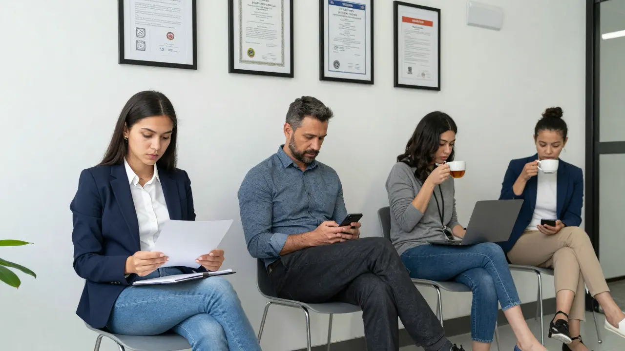 A diverse group of clients in a professional escort agency waiting room, calm and composed.