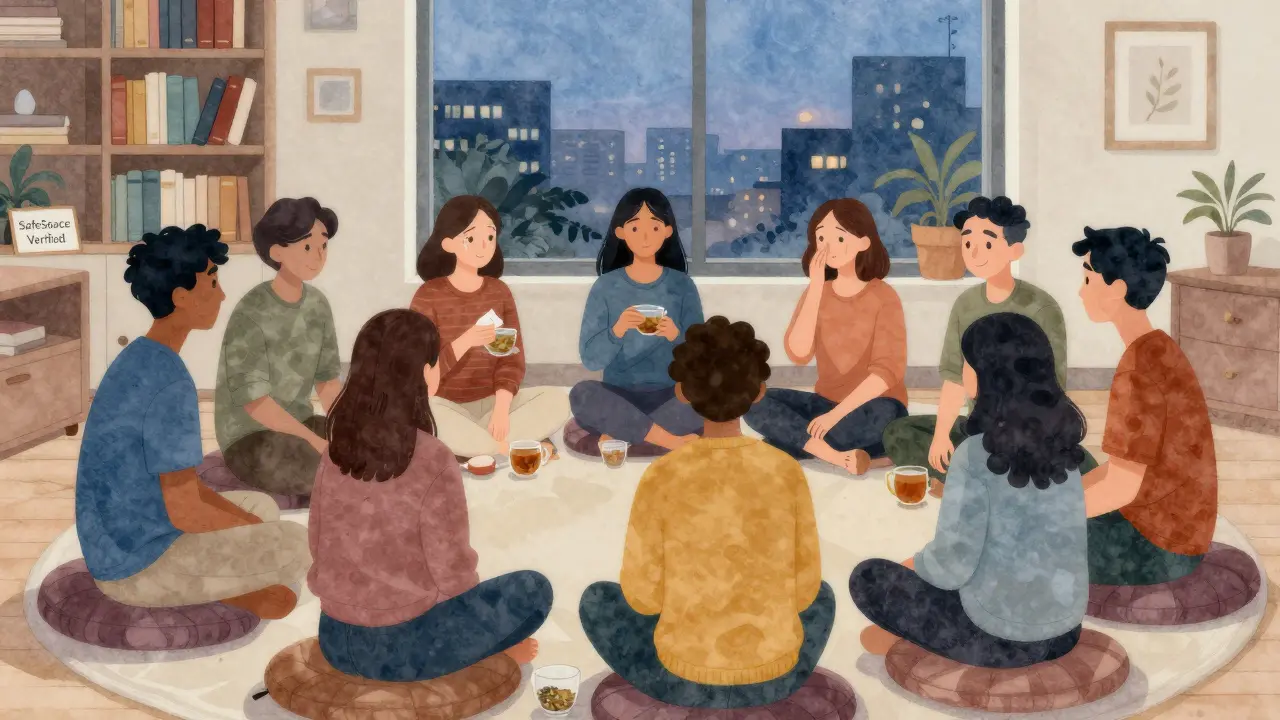 A diverse group of people in a circle, offering quiet companionship in a warm, book-filled room.