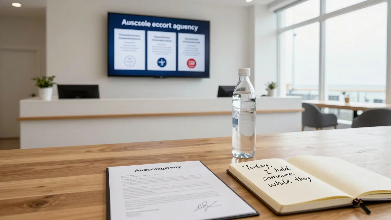 A minimalist agency reception with compliance certifications and a journal open to a heartfelt note about human connection.