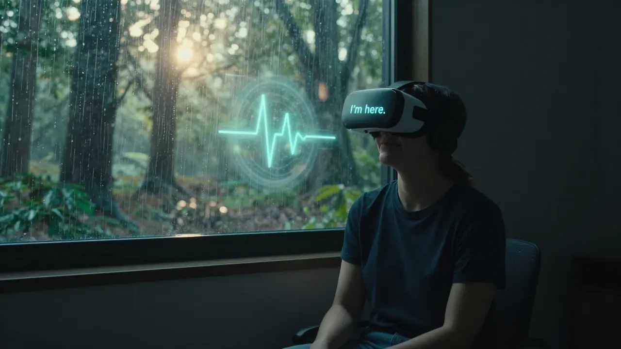 A person in VR immersed in a peaceful digital forest, alone yet deeply connected.
