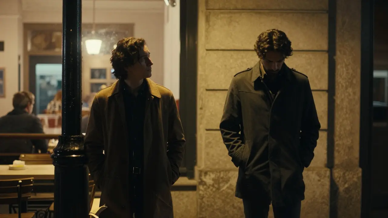 A person standing under a streetlamp, watching an escort walk away with quiet gratitude.