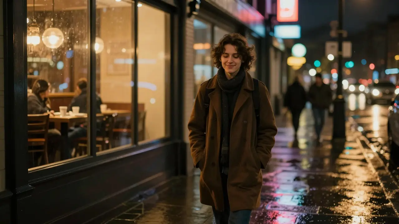 A person walking home at night after dinner, smiling softly under city lights.