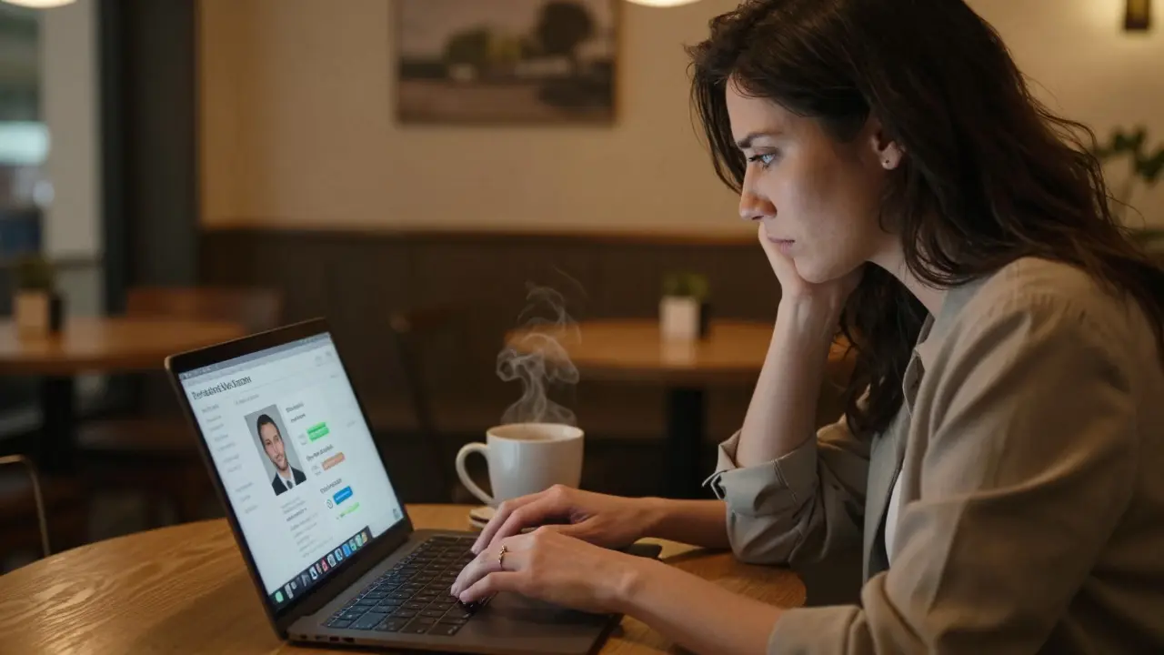 A woman reviewing client logs at a café with an encrypted app visible.