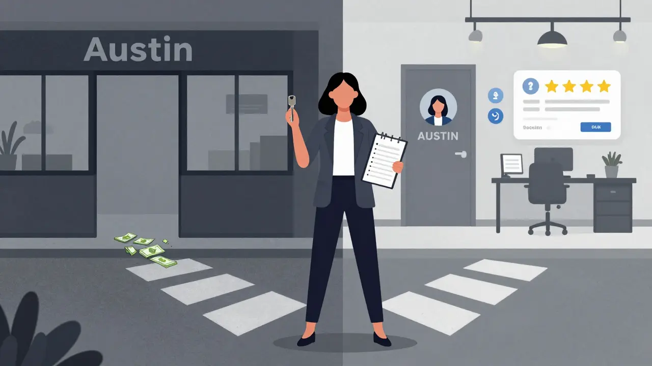 A woman standing at a crossroads, choosing autonomy over exploitation with professional tools and client reviews nearby.