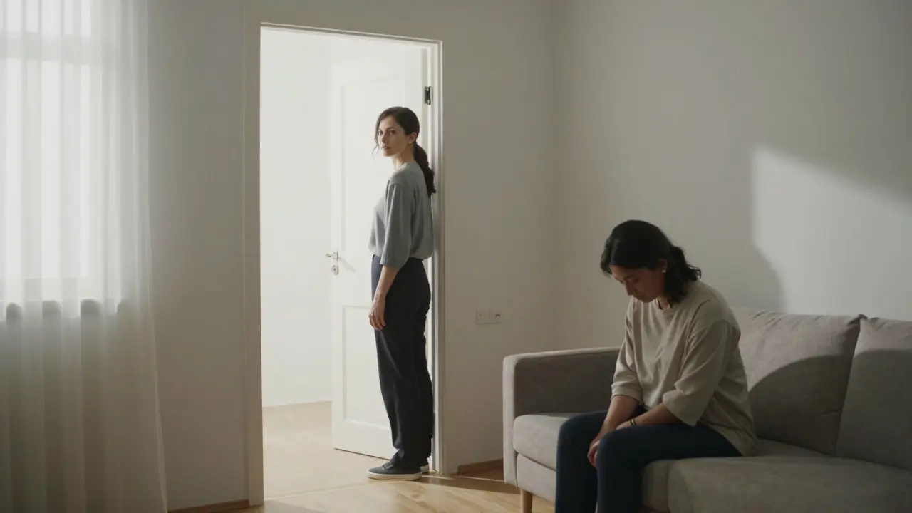 A woman stands at a doorway, looking back at a client sitting quietly in a simple, distraction-free room.