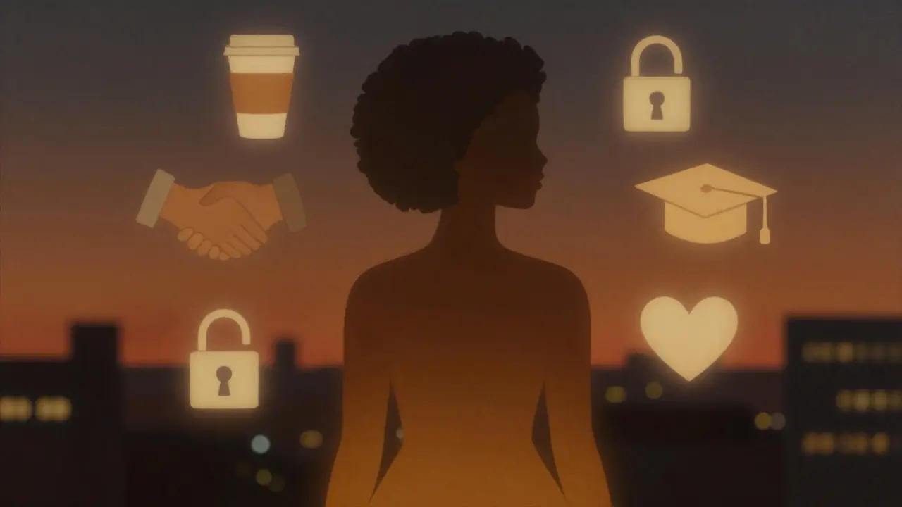 Abstract glowing silhouette of a Black woman surrounded by symbols of agency, emotion, and identity in deep amber and charcoal tones.