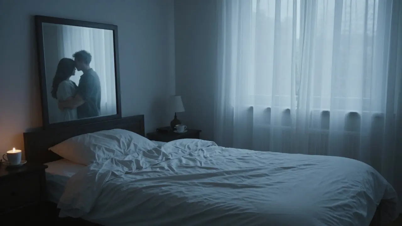 An empty bedroom at dawn, tea cooling, candle extinguished, reflecting a vanished moment of connection.