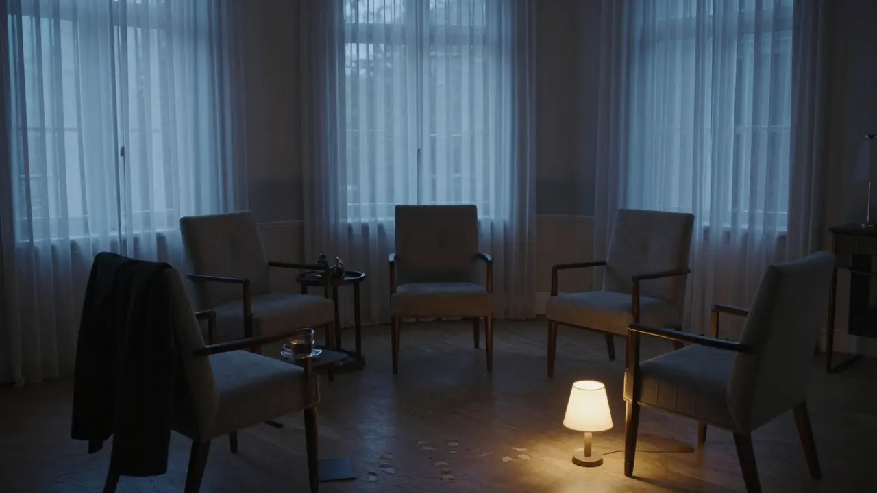 An empty, elegantly furnished room at twilight, with a coat and tea cup left behind, suggesting a quiet, reflective aftermath.