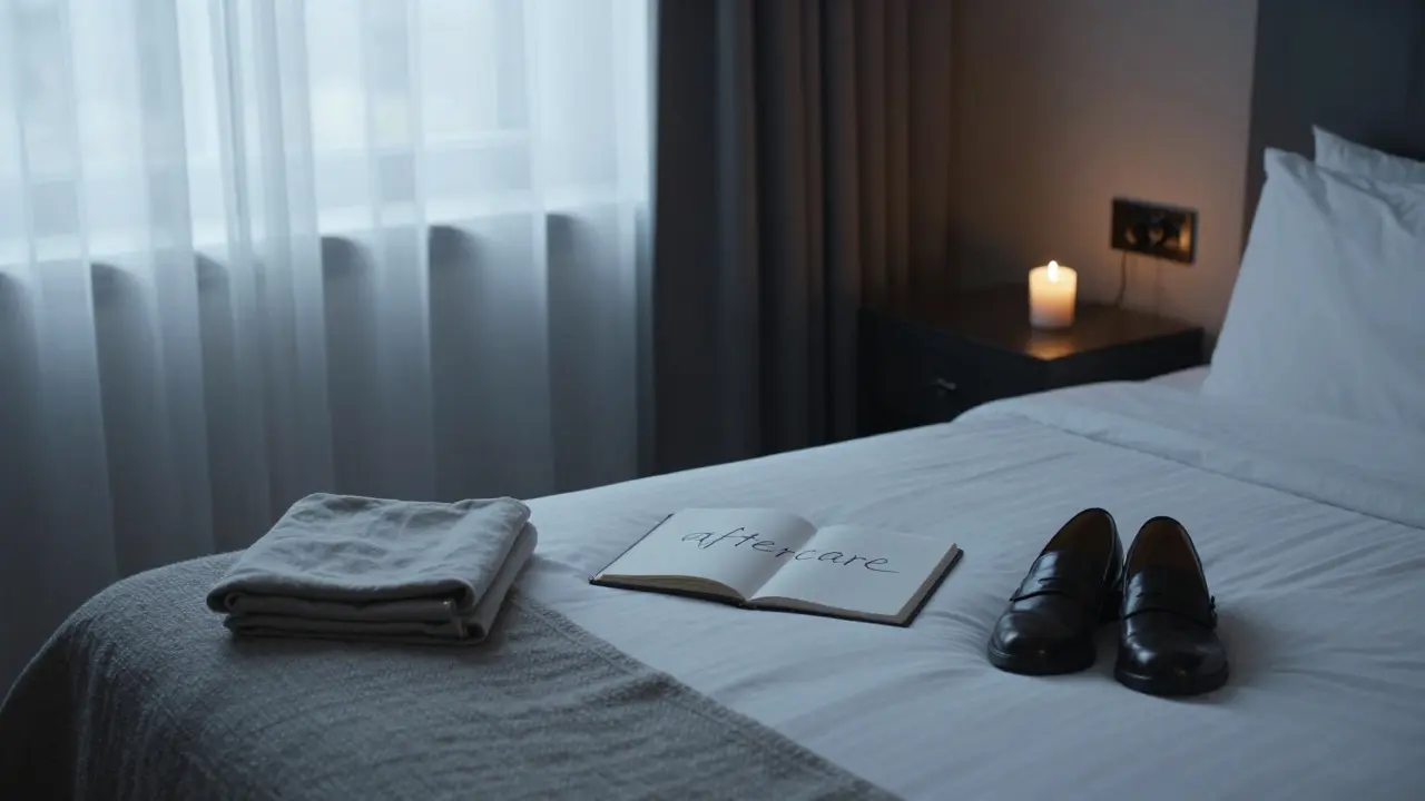 An empty hotel room at dawn with a candle and journal open to the word &#039;aftercare,&#039; radiating quiet emotional residue.