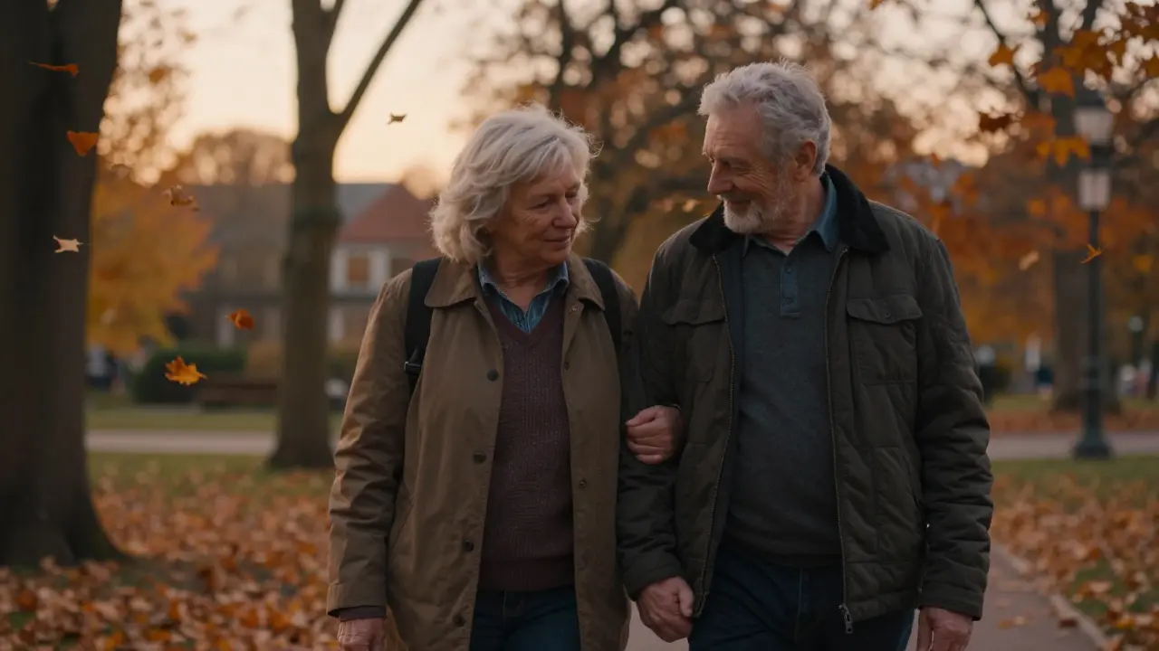 An escort and an elderly man walking together in a park at sunset, sharing quiet companionship.