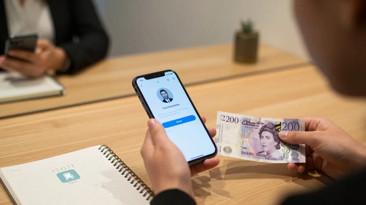 Close-up of hands placing money beside a phone and notebook with handwritten boundaries, reflecting professional escort work with safety and respect.