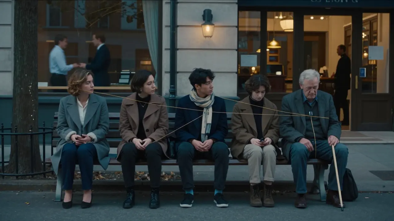 Diverse individuals in urban settings, each connected by a subtle golden thread to a distant figure offering presence.
