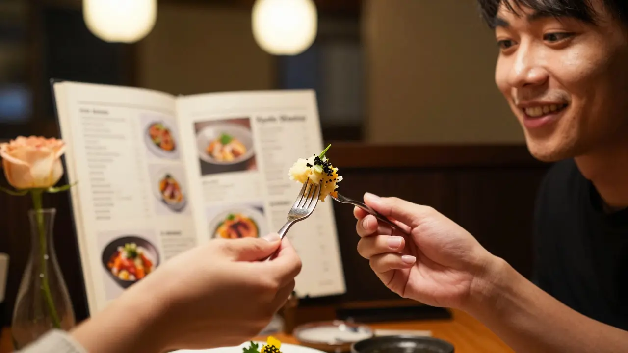 Hands sharing a bite of food across a table with a book and wine glasses nearby, warm lighting.