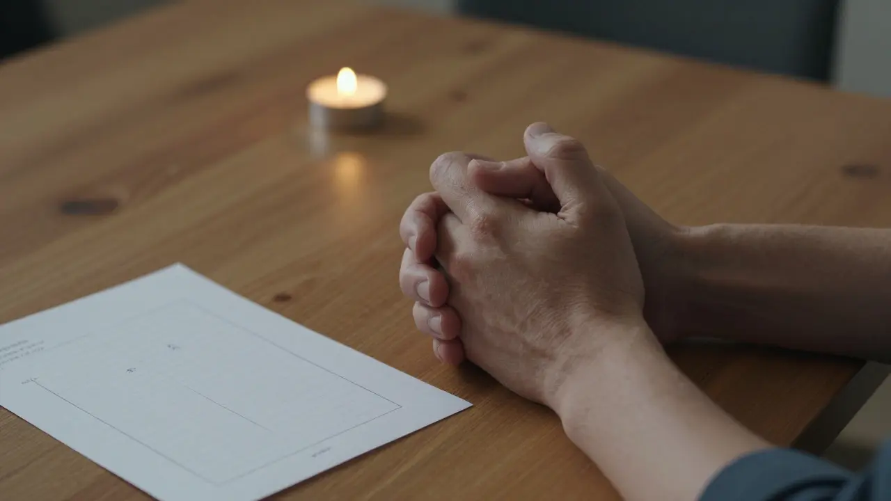 Two hands clasped together on a table, with a paper listing boundaries and a flickering candle nearby.