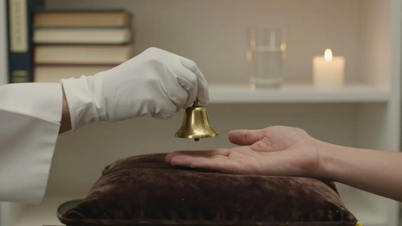 Two hands: one holding a brass bell, the other resting on velvet, with journals and a candle nearby—emphasizing ritual and consent.