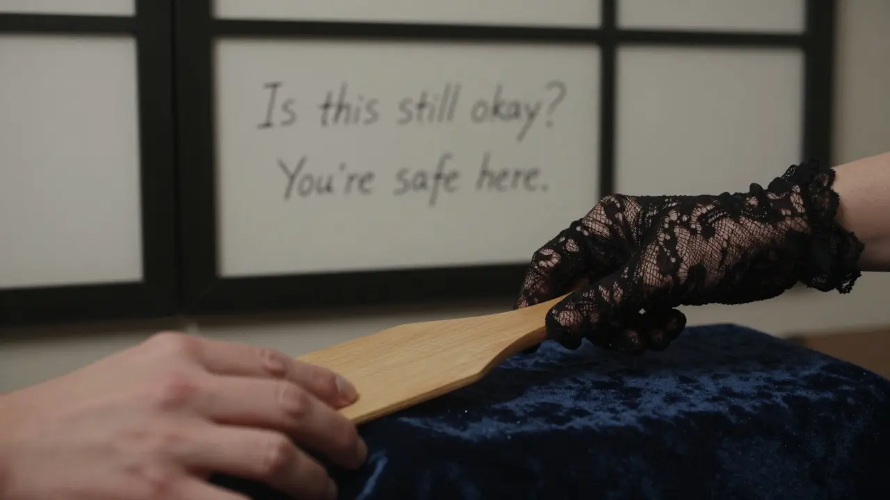 Two hands reaching toward a wooden paddle on velvet, with whispered consent notes visible in the background.
