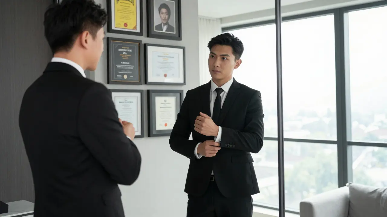 A confident professional escort in a suit standing before a mirror, surrounded by credentials showing her diverse expertise.