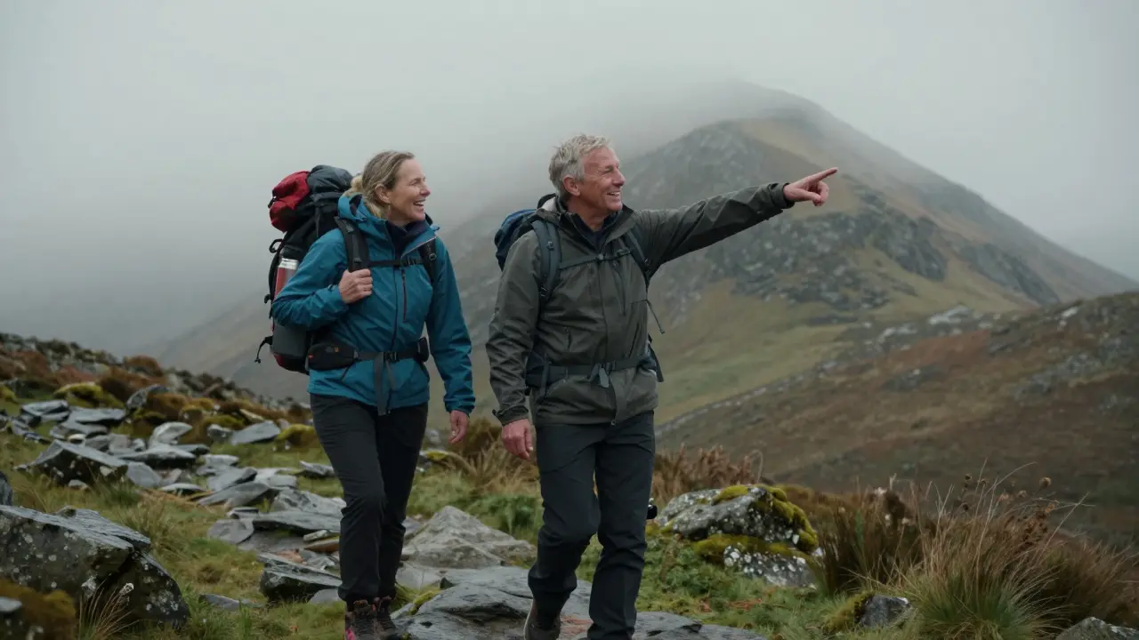 A couple hiking in misty hills, an escort behind them holding a thermos, quiet and connected.