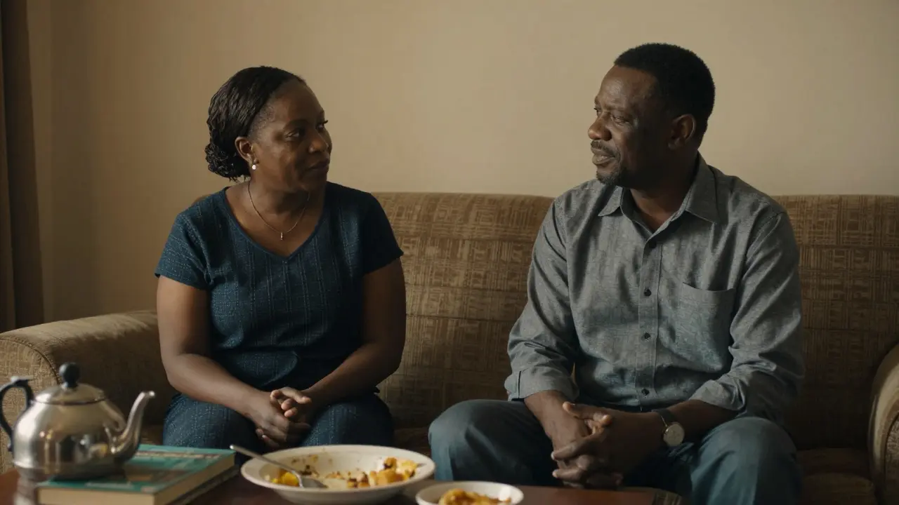 A man and his female companion sit calmly on a sofa, talking softly in a warm, lived-in living room.