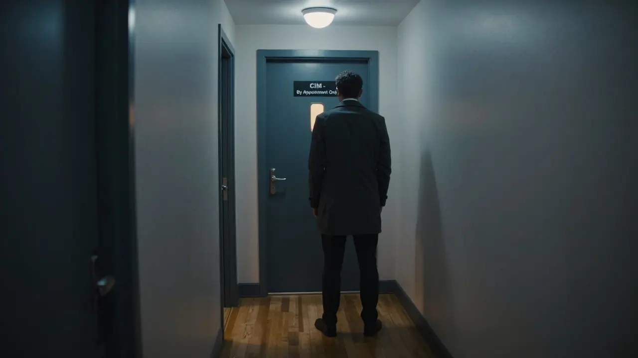 A man pauses outside a discreet door marked 'CIM - By Appointment Only,' lit by a single warm bulb at night.